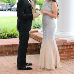 blue & beige mermaid prom dress embroidered w lace